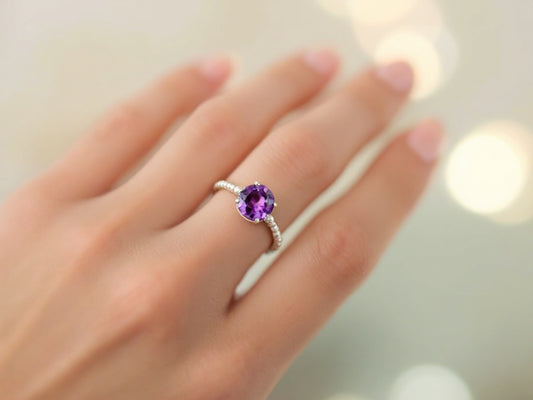February Birthstone Beaded Ring on a model